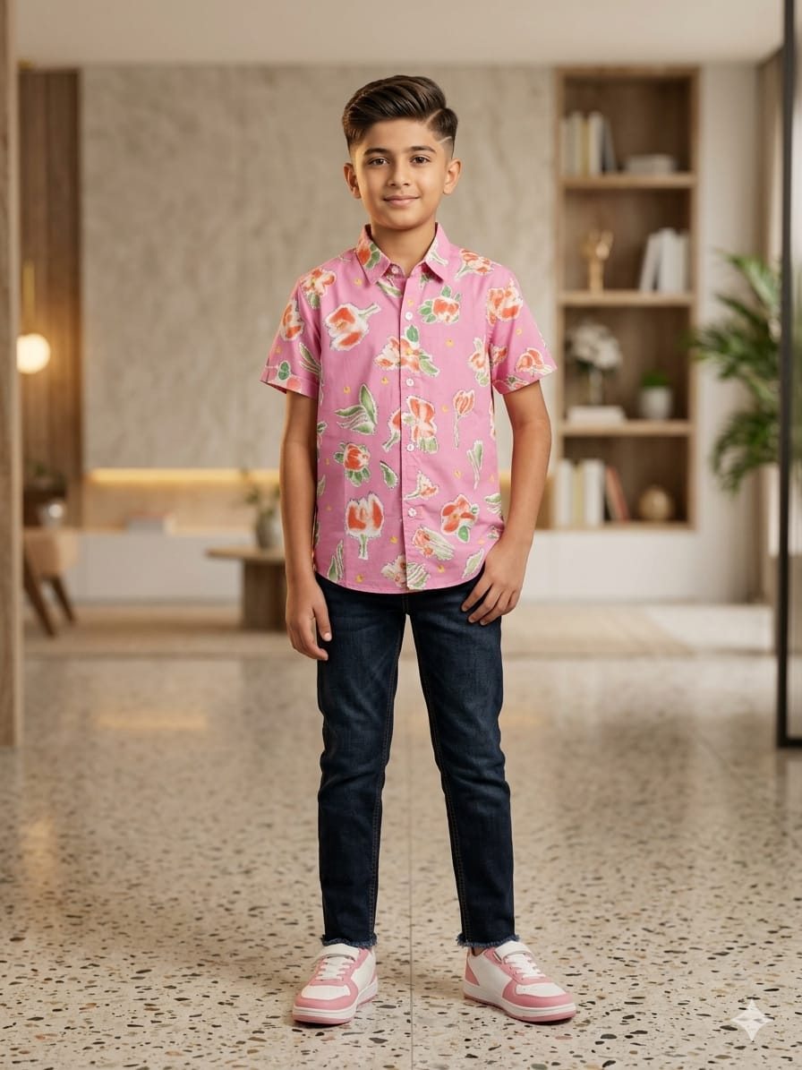 Flower All Over Print Half Sleeve Pink Casual Shirt Boys ( R-350 N)