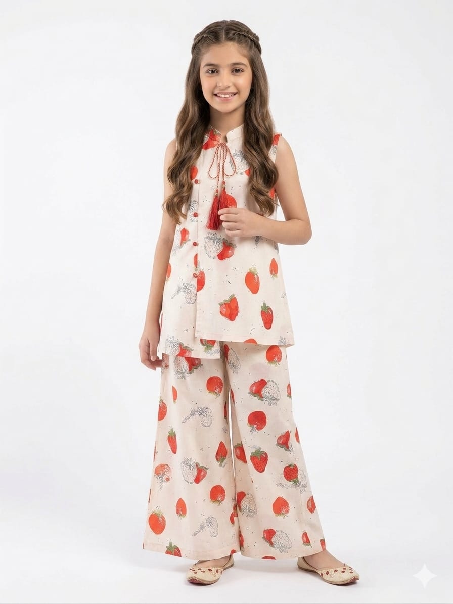 Strawberry Print White Angrakha Style Pairs Girls