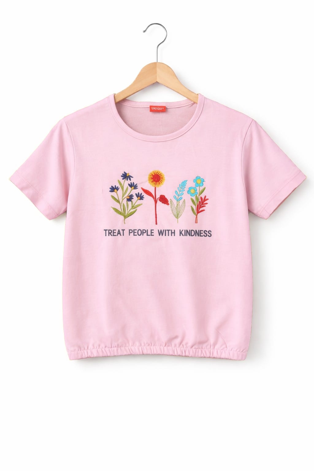 ( Short Length )Kindness Embroidery Pink  T-Shirt Girls ( R-111 )