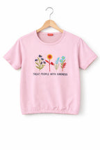 ( Short Length )Kindness Embroidery Pink  T-Shirt Girls ( R-111 )