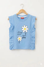 Sun Flowers Both Side Frill Sky T-Shirt Girls