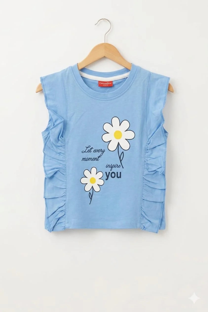 Sun Flowers Both Side Frill Sky T-Shirt Girls