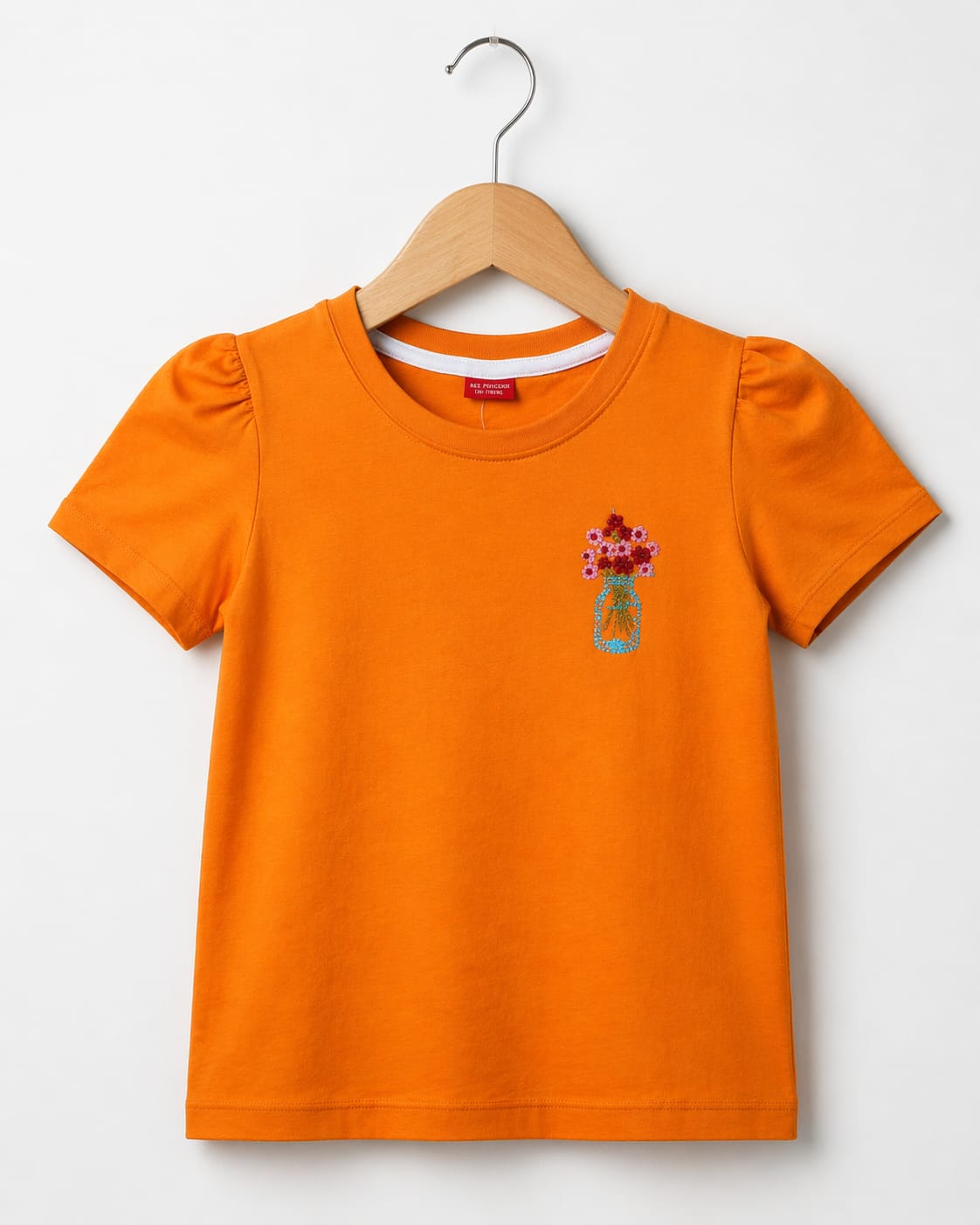 Embroidery Flower Orange T-Shirt Girls ( R-23 )