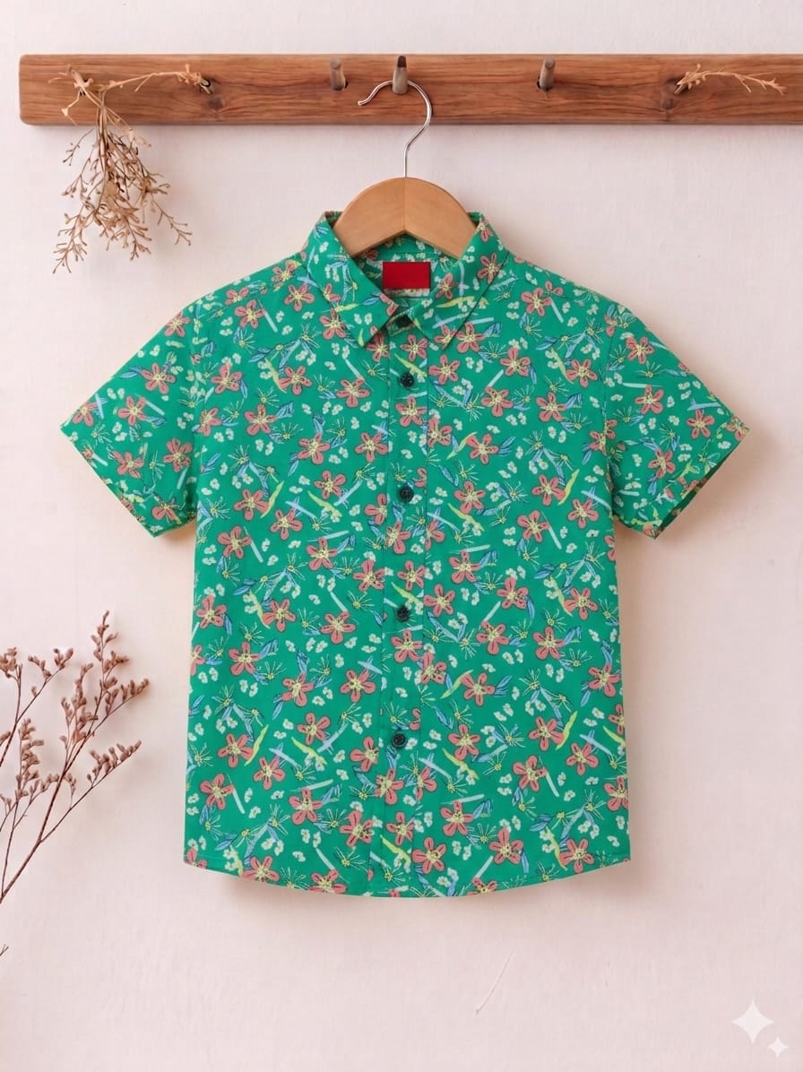 Orange Flower Parrot Casual Shirt Boys ( R-409 )