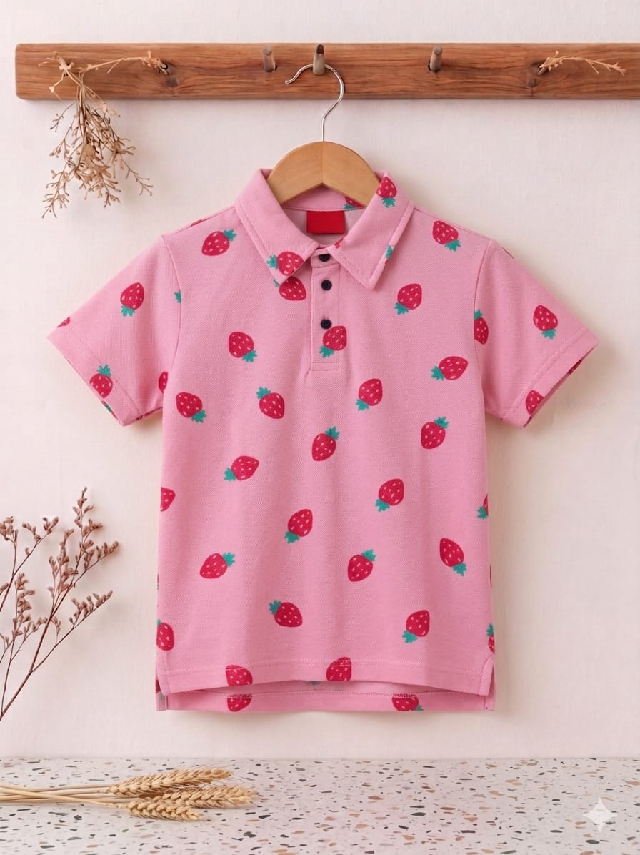 Strawberry Print Pink Collar Polo Boys