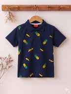 Pineapple Print Navy Collar Polo Boys ( R-498 )