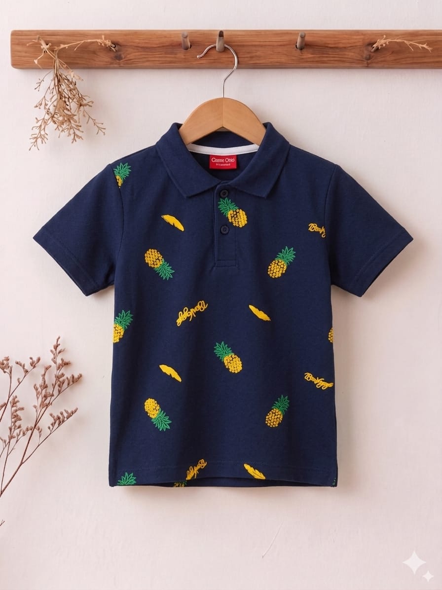 Pineapple Print Navy Collar Polo Boys ( R-498 )