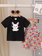 Rabbit Print Black T-Shirt & Romper