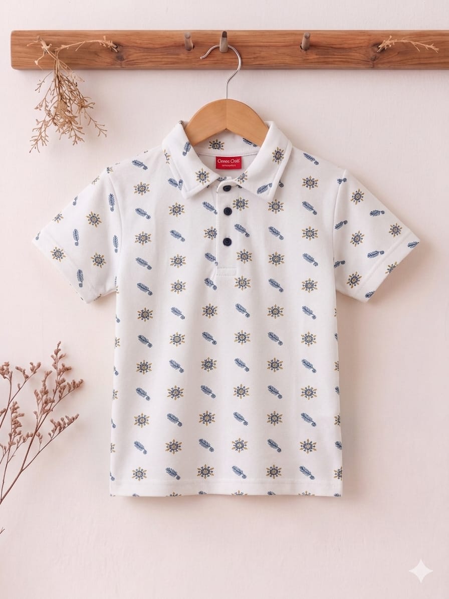 Blue Leaves Print White Collar Polo Boys
