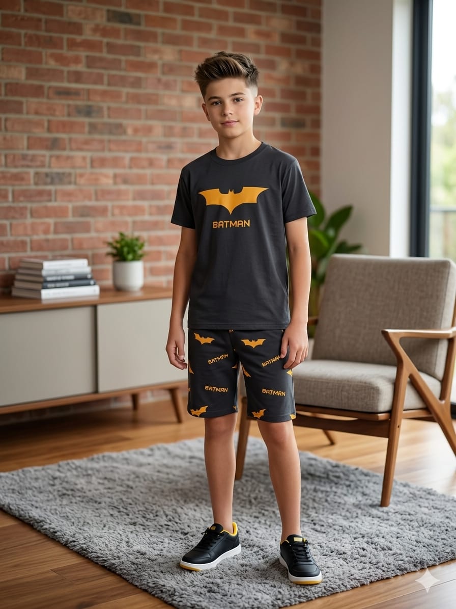 Batman Print Charcoal Nicker Suit Boys