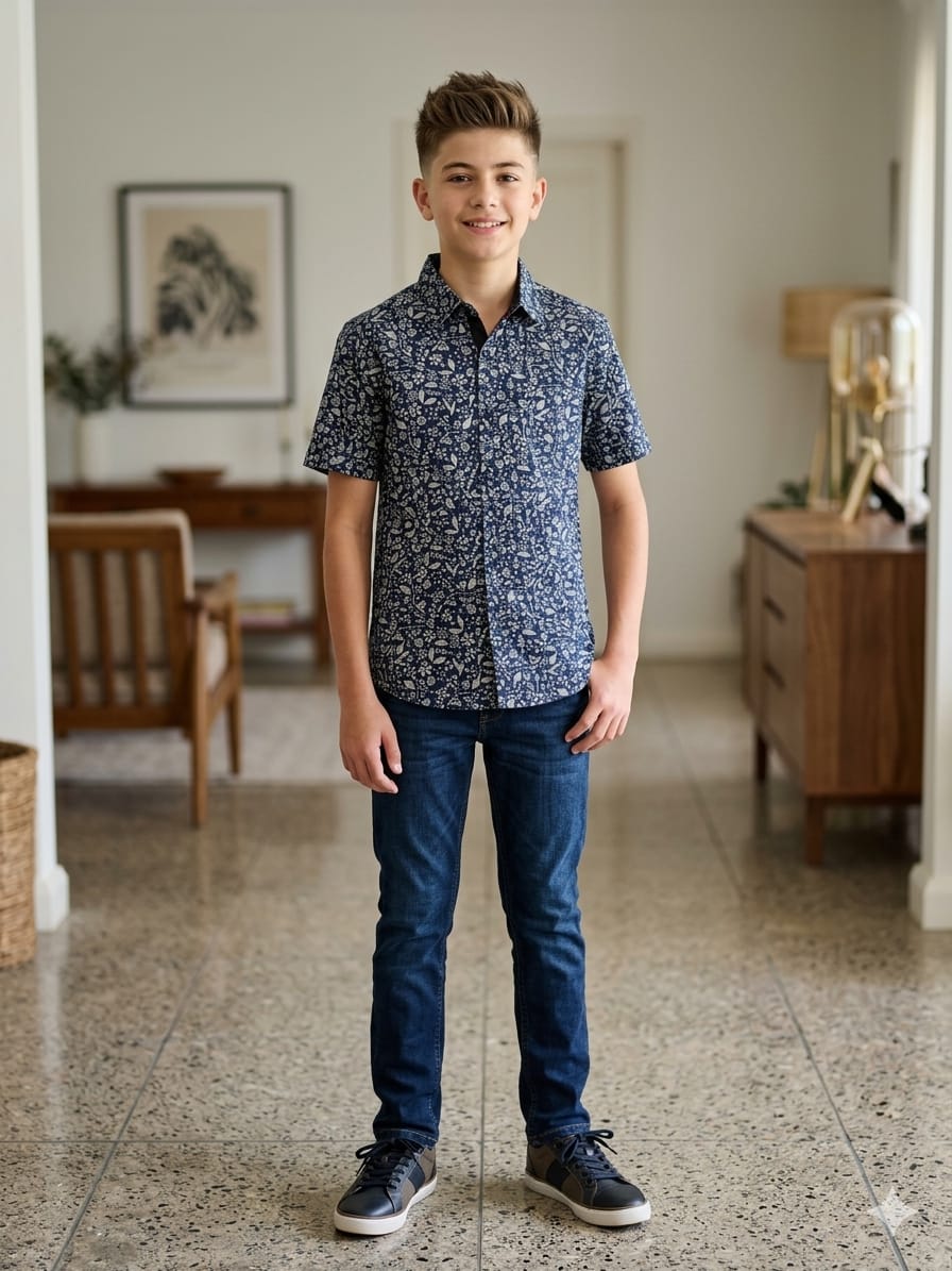 Leaves Print Navy Casual Shirt Boys