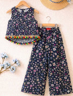 White Flower All Over Print Sleeveless Navy Pairs Girls ( R-361 )