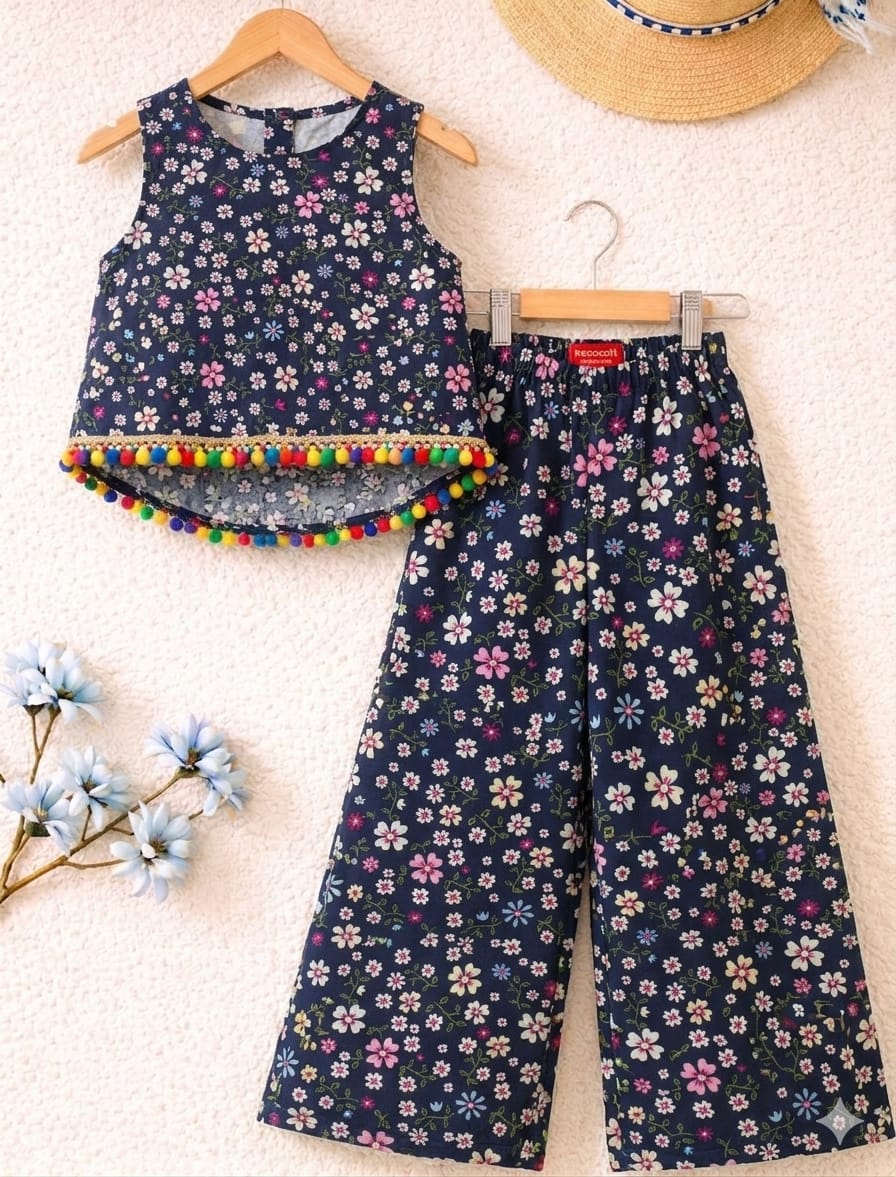 White Flower All Over Print Sleeveless Navy Pairs Girls ( R-361 )
