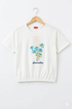 ( Short Length ) Good Vibes Embroidery White T-Shirt Girls R-372