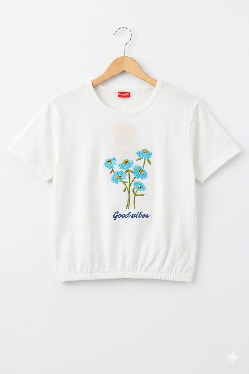 ( Short Length ) Good Vibes Embroidery White T-Shirt Girls R-372
