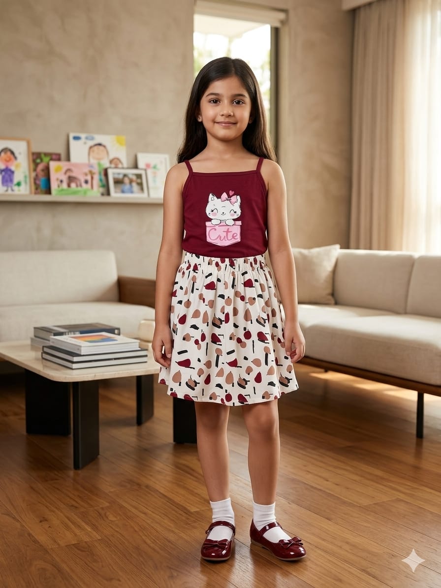 Cute Kitty Mahroon Skirt Suit Girls R-487