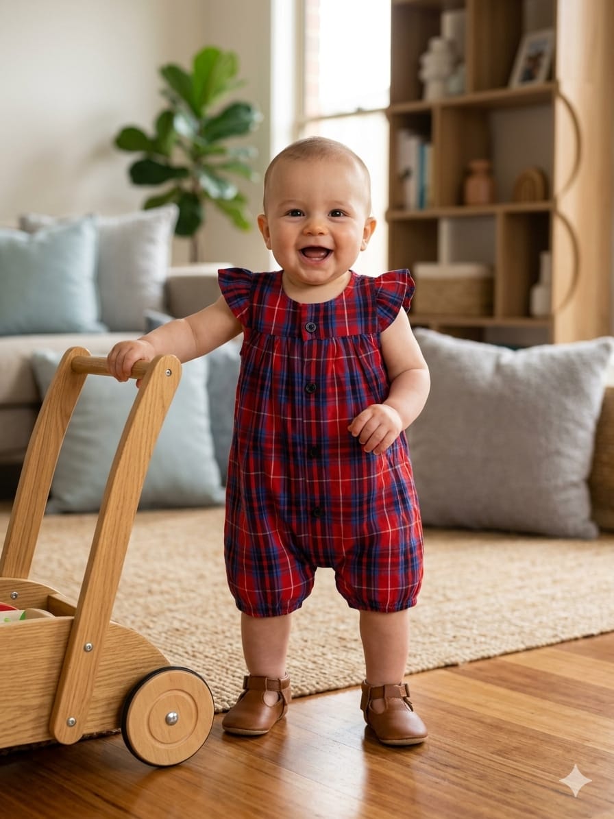 Red Blue Check Baby Romper