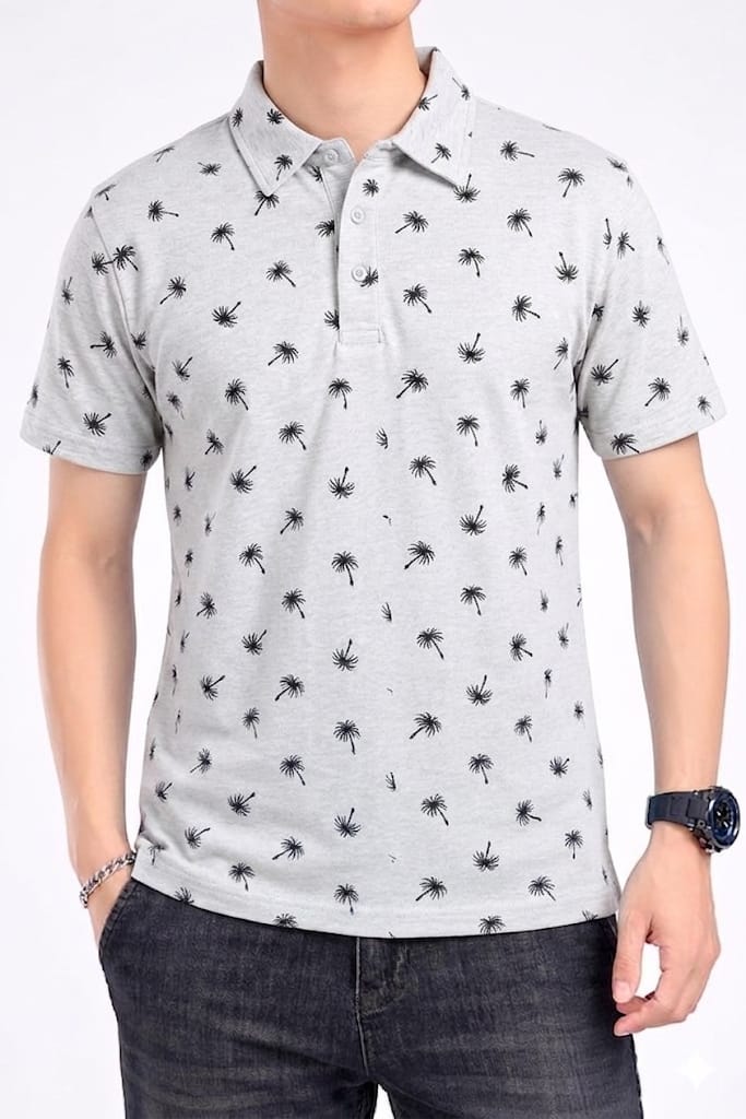 Tree All Over Print Oatmeal Collar Polo Men's (R- 404N )