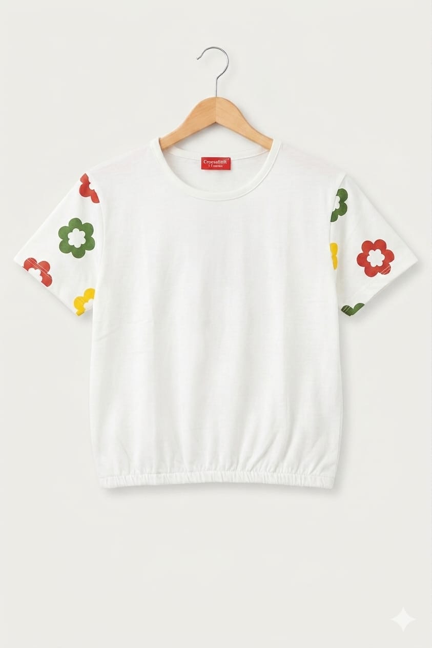 (Short Length)Arms Print White  T-Shirt Girls ( R-474 )