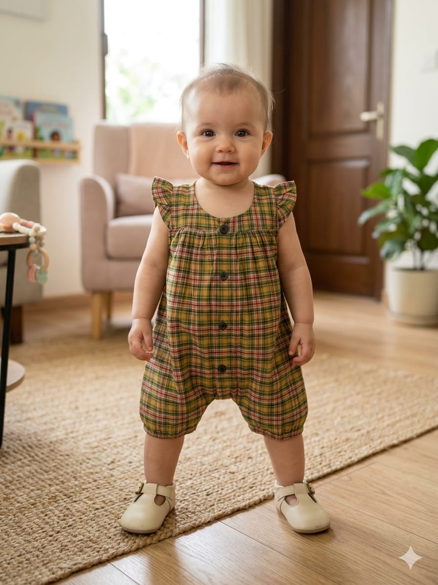 Green Pink Check Baby Romper