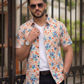 Blue Flower Half Sleeve Orange Casual Shirt Men's
