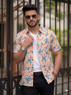 Blue Flower Half Sleeve Orange Casual Shirt Men's