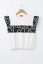 (Short Length)Front Black White Flower White T-Shirt Girls R-231