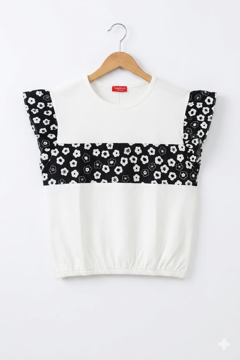 (Short Length)Front Black White Flower White T-Shirt Girls R-231