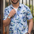 Navy Flower Half Sleeve White Casual Shirt Men's