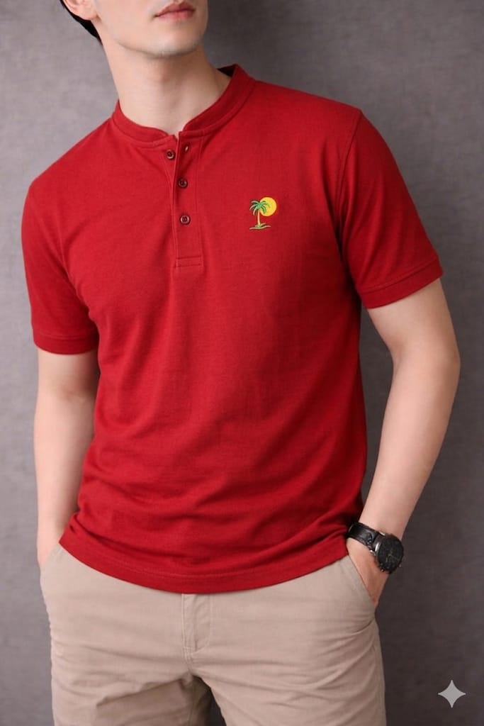 Tree Sun Logo Red Henley Polo Men's ( R-427 )
