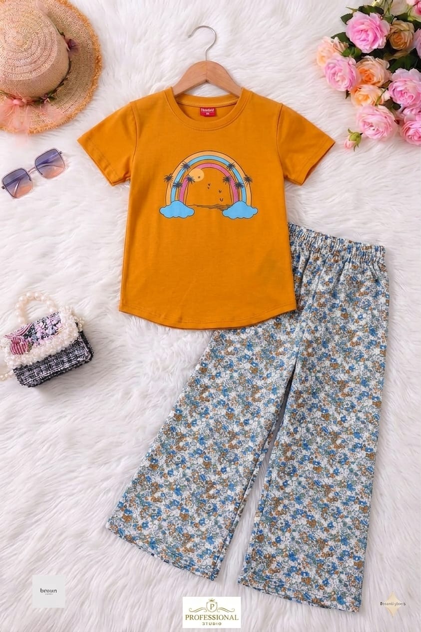 Rainbow Print Mustred T-Shirt & Flapper Girls