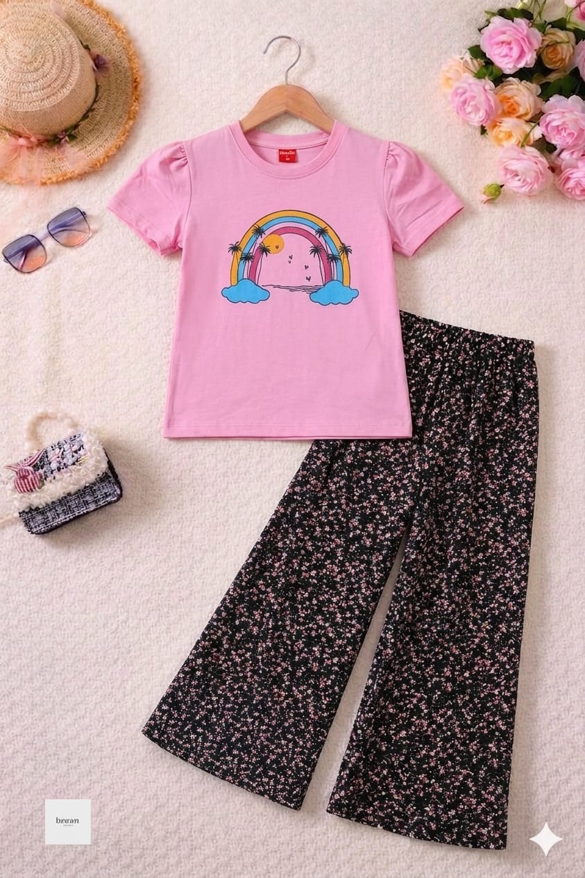 Rainbow Print Pink T-Shirt & Flapper Girls