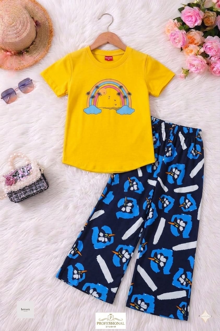 Rainbow Print Yellow T-Shirt & Flapper Girls