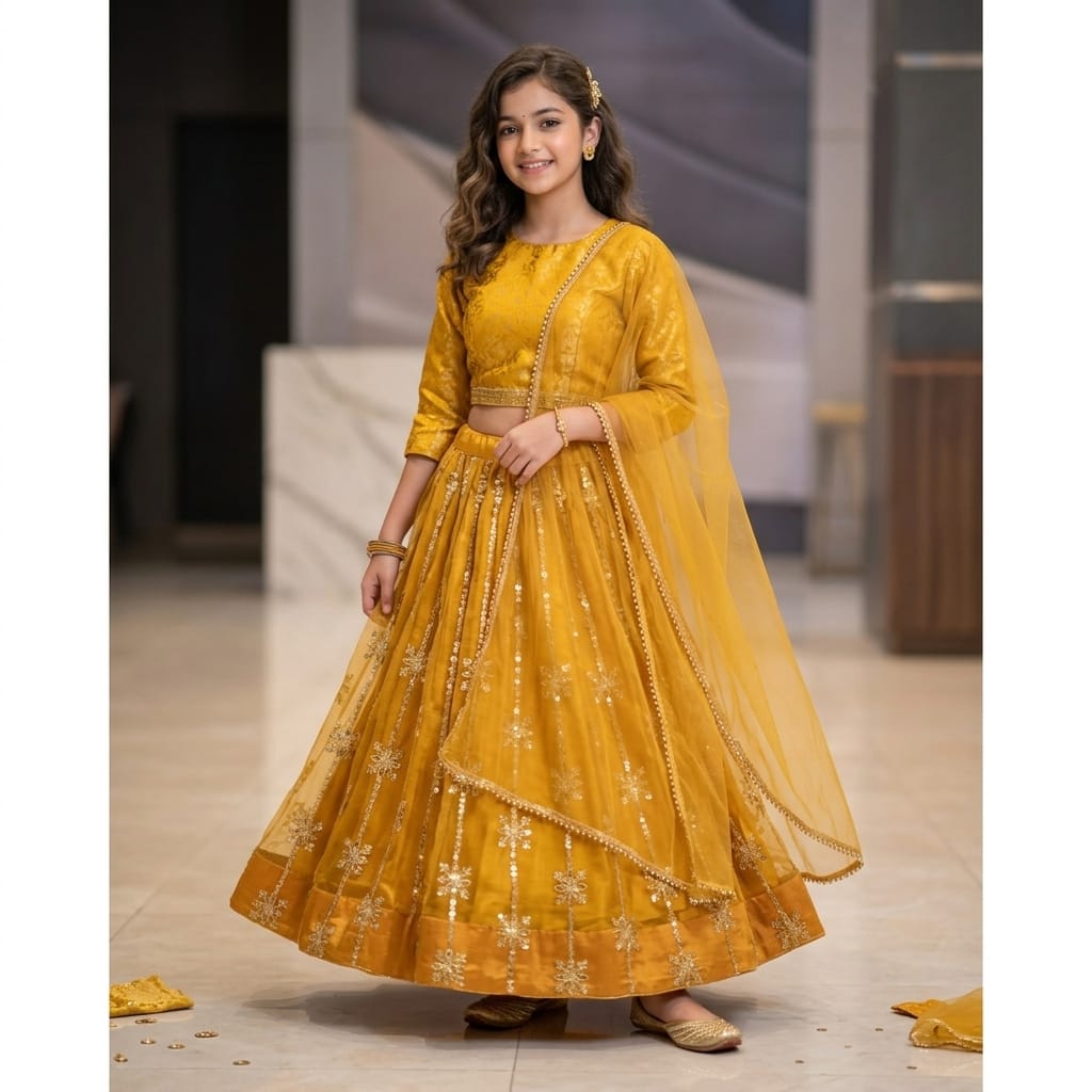 Banarasi Copper Lehenga Suit (3-Piece) For Girls
