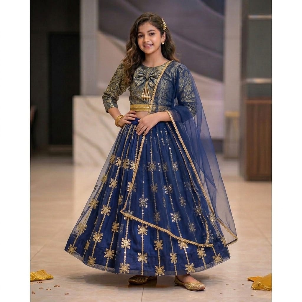 Banarasi Navy Lehenga Suit (3-Piece) For Girls