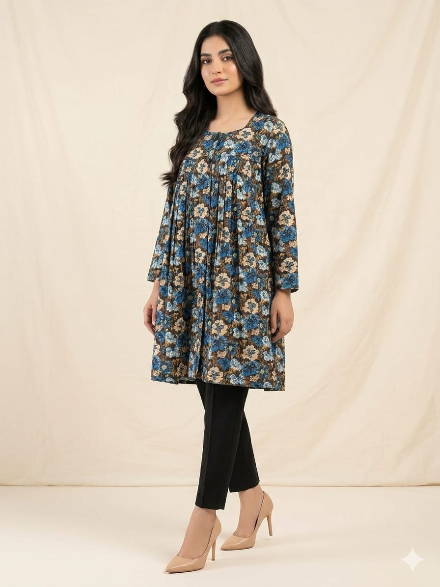 Brown White Flower Navy Top For Women