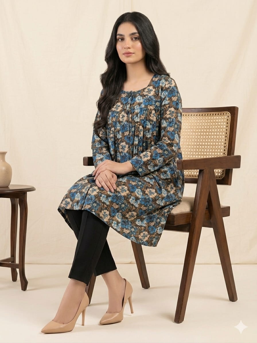 Brown White Flower Navy Top For Women