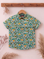 Orange Green Flower Half Sleeve Cream Casual Shirt Boys R-412