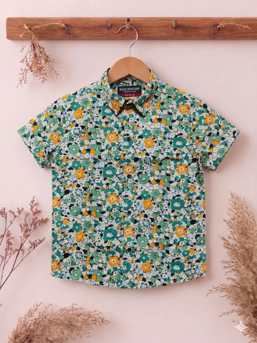 Orange Green Flower Half Sleeve Cream Casual Shirt Boys