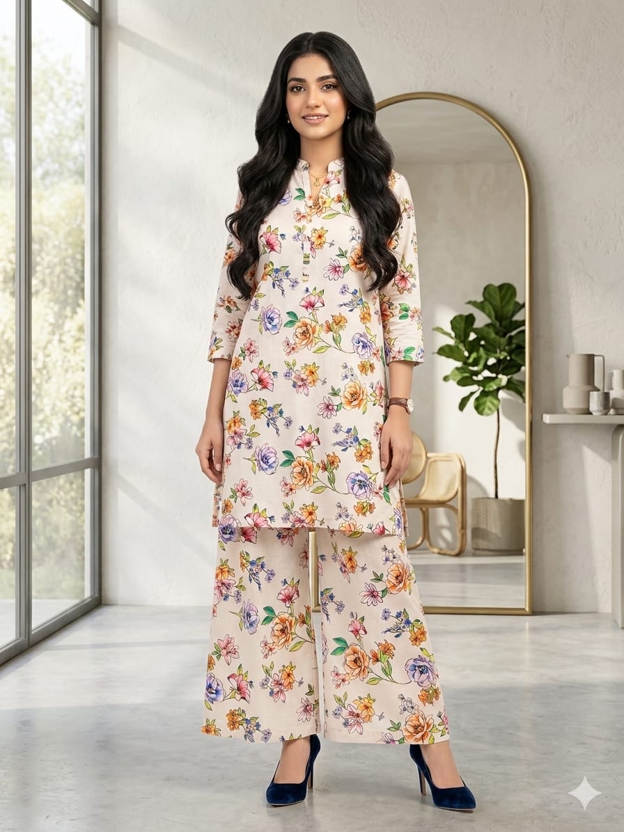 Unstitched Printed Suit-  Multi Rose Peach 2 Piece Suit