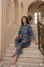 Unstitched Printed Suit- Brown Flower Navy 2 Piece Suit
