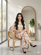 Unstitched Printed Suit-  Multi Rose Peach 2 Piece Suit