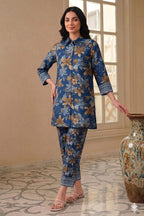Unstitched Printed Suit- Brown Flower Navy 2 Piece Suit