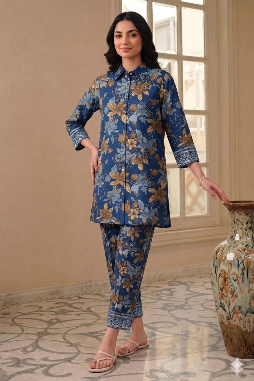 Unstitched Printed Suit- Brown Flower Navy 2 Piece Suit