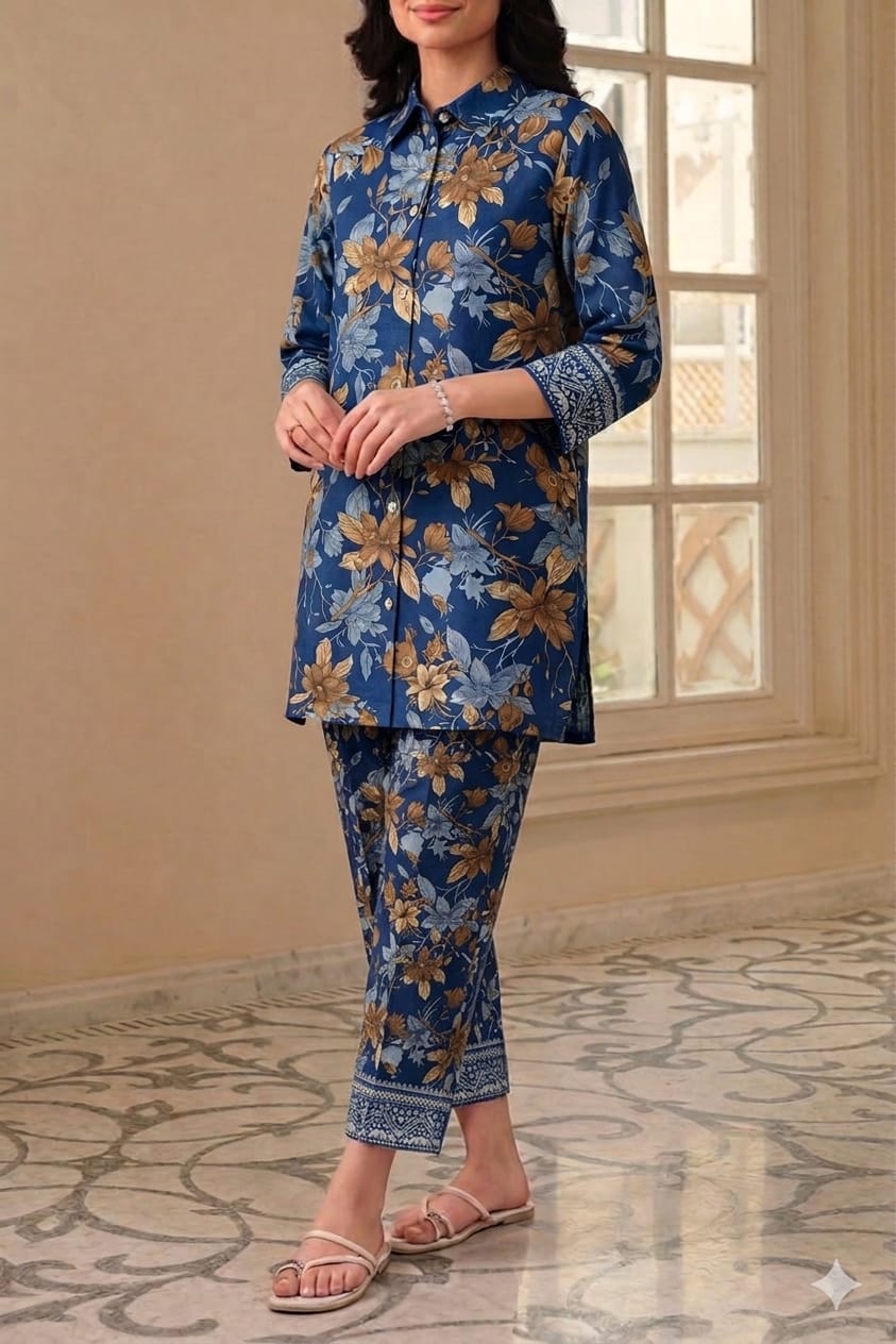 Unstitched Printed Suit- Brown Flower Navy 2 Piece Suit