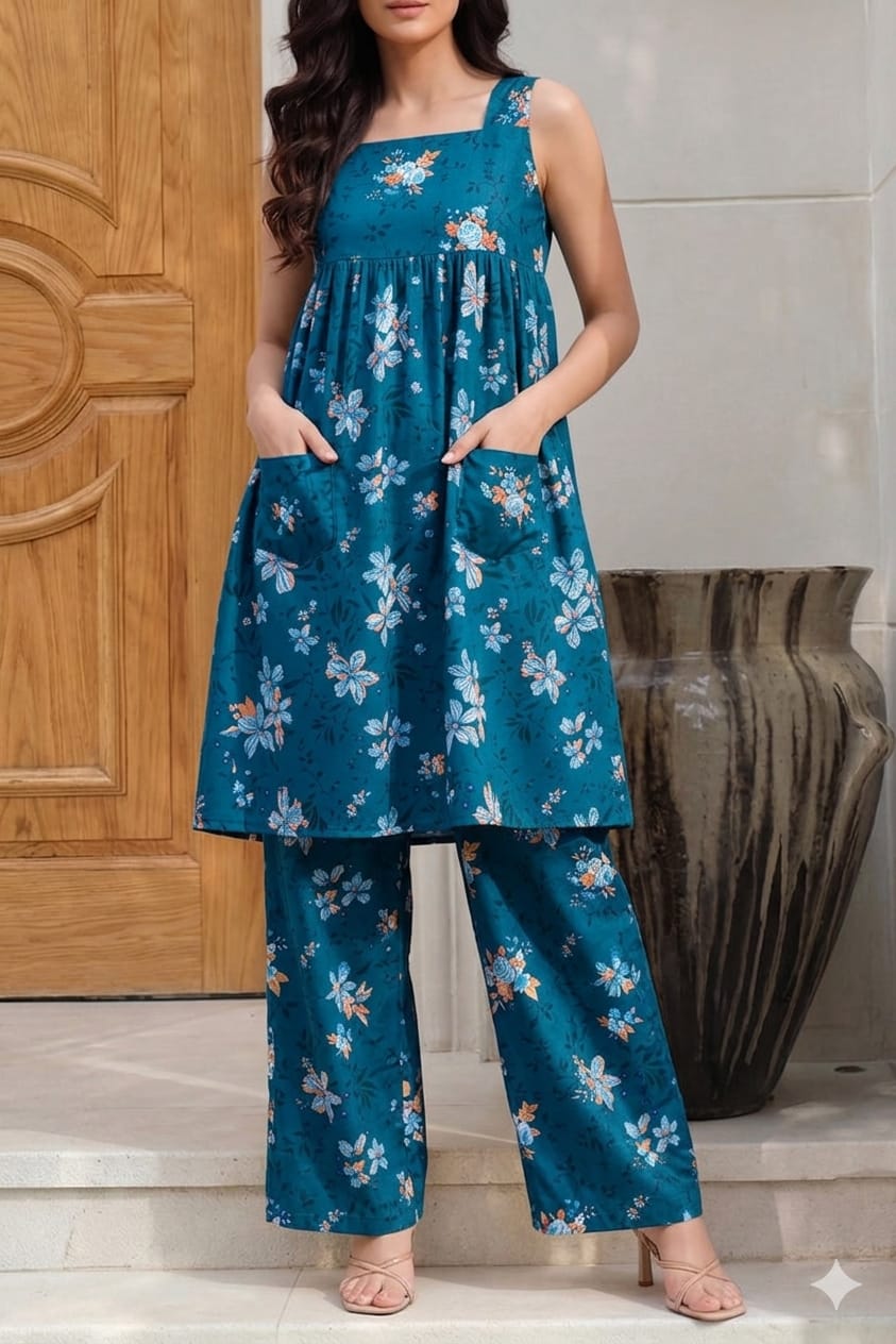 Unstitched Printed Suit- Blue Rose Navy 2 Piece Suit
