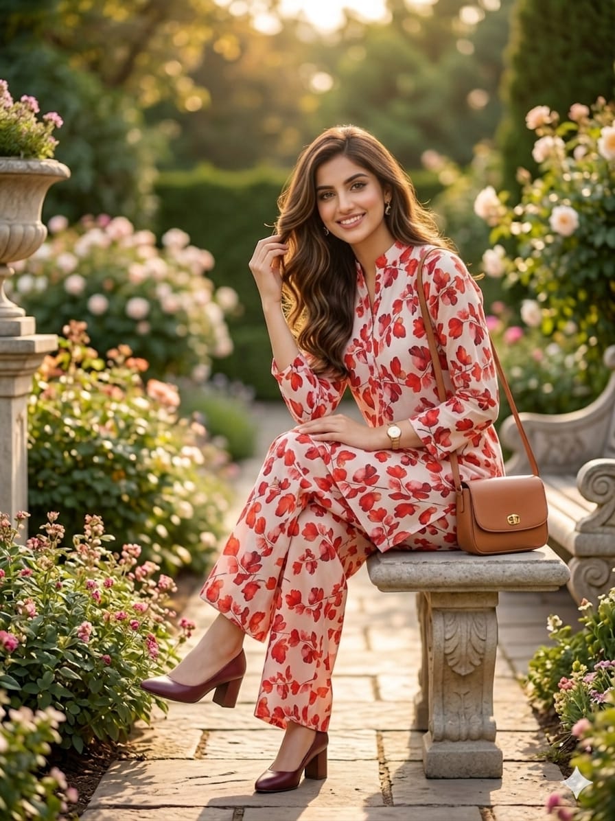Unstitched Printed Suit- Red Flower White 2 Piece Suit