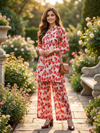 Unstitched Printed Suit- Red Flower White 2 Piece Suit