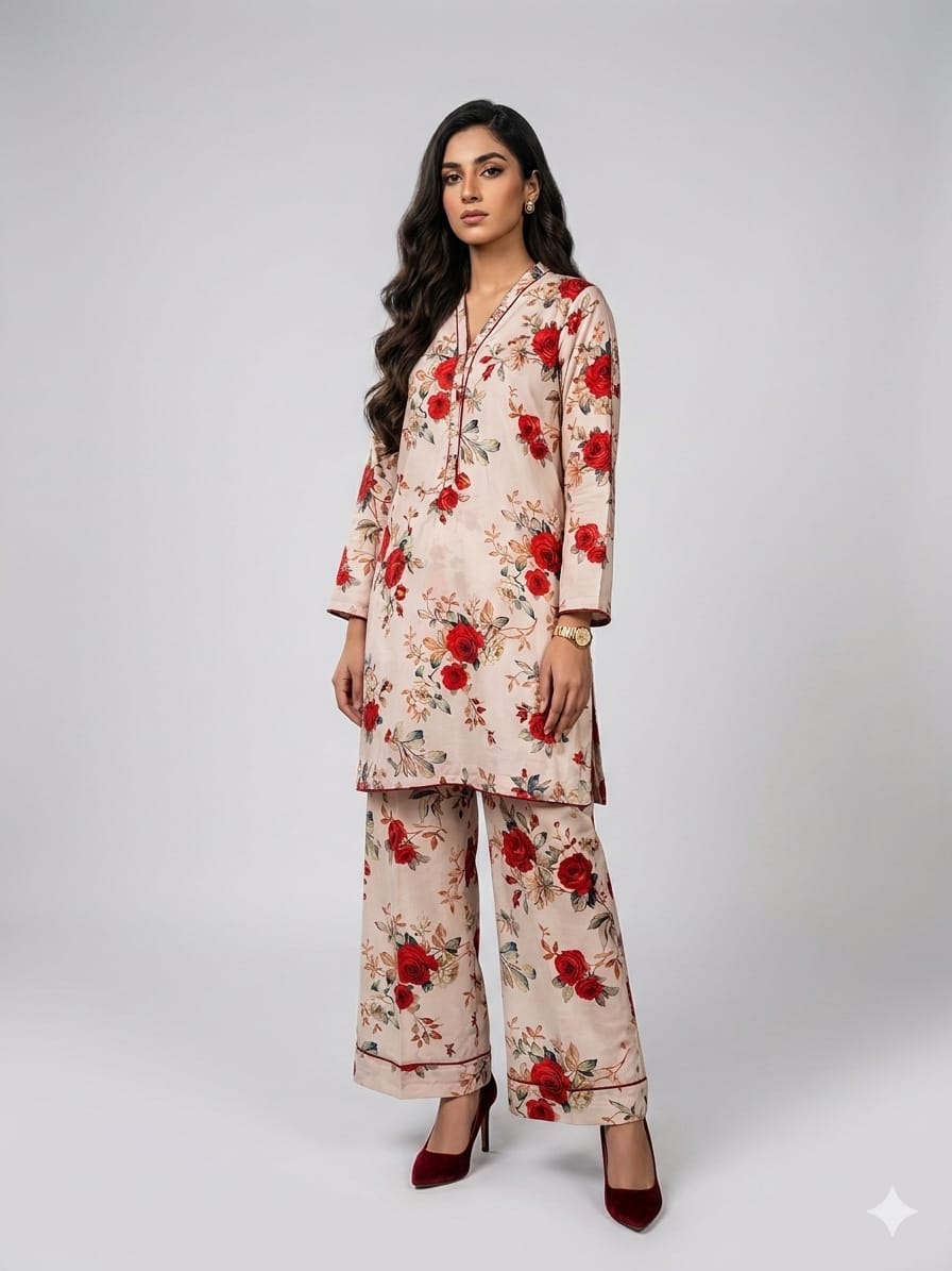 Unstitched Printed Suit- Red Rose Peach 2 Piece Suit