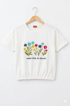 ( Short Length )Need Time Embroidery White T-Shirt Girls  ( R-532 )